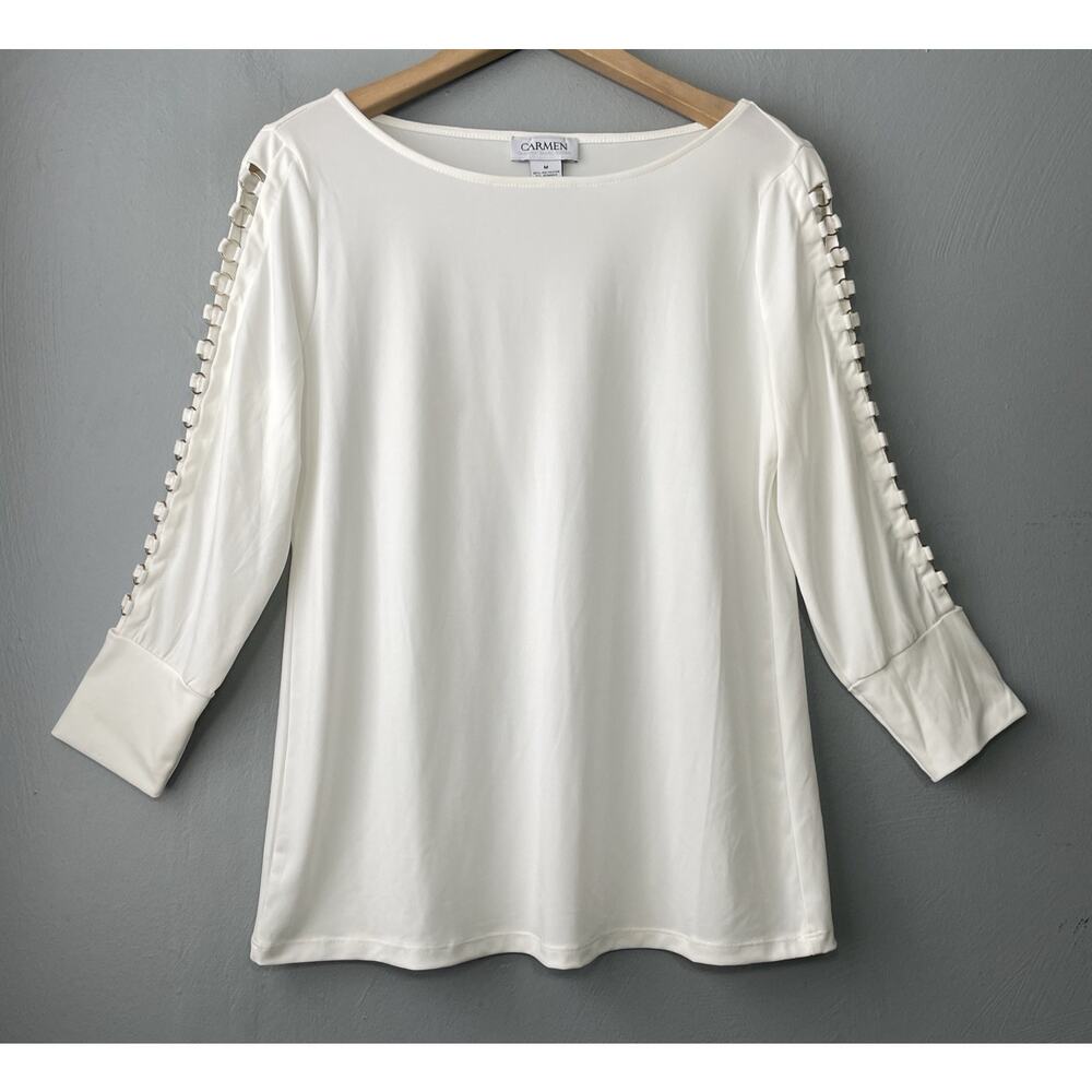 Carmen Marc Valvo Top Size Medium Creamy White Stretch Office Glam Gold Bling
